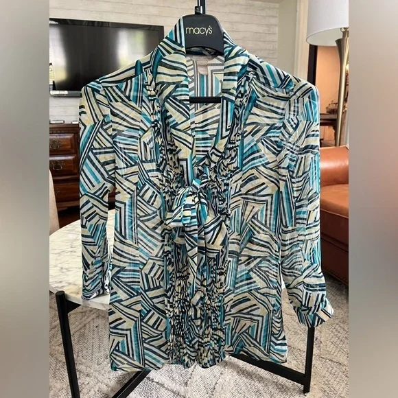 Banana Republic blue yellow navy stripe geo print tie blouse shirt top business - Picture 1 of 10